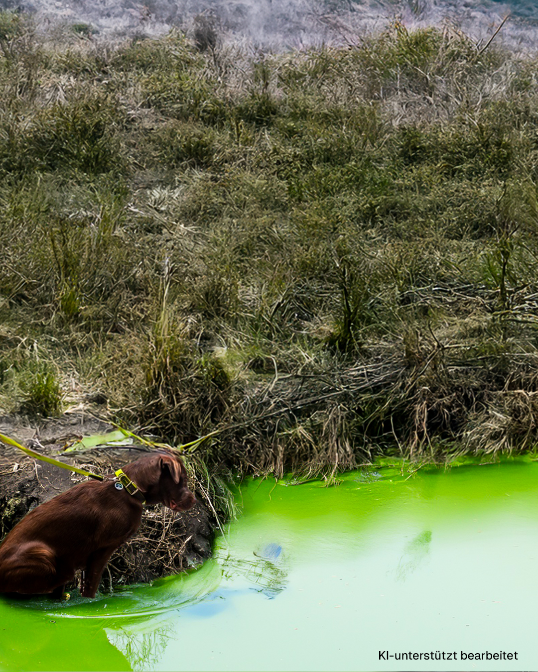 Hund an der Leine am Seeufer mit grünlichem Algenfilm: Blaualgen-Gefahr im Sommer